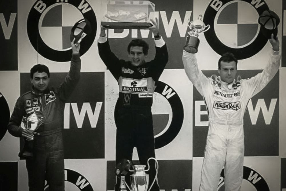 The Estoril GP Podium 1985 L R Michele Alboreto Ayrton Senna Patrick Tambay Credit Classic Team Lotus1000x667