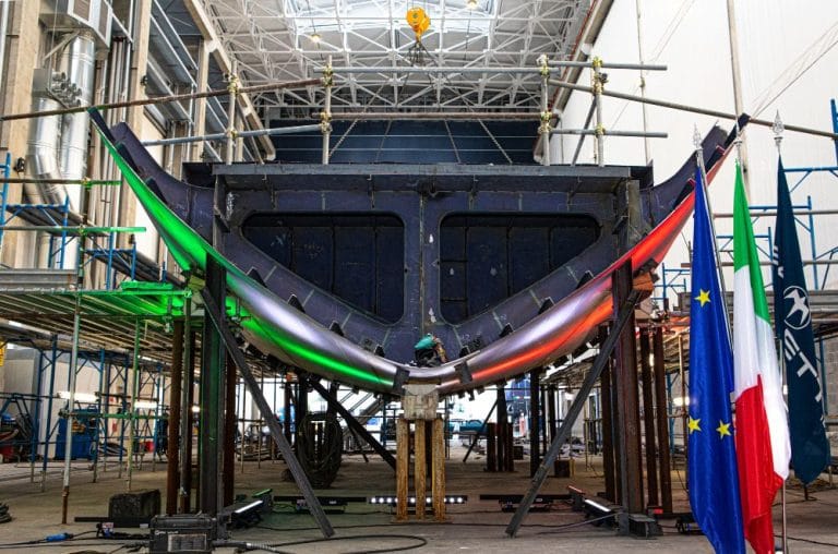 The keel of hull 10238, first 52m of the Baglietto Tline, was laid