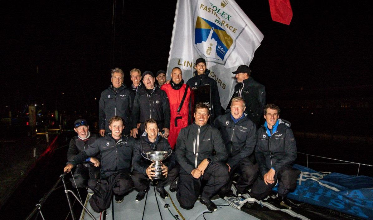 Remon Vos’ Black Jack 100 celebrates Line Honours victory in the Rolex Fastnet Race © Paul Wyeth/RORC